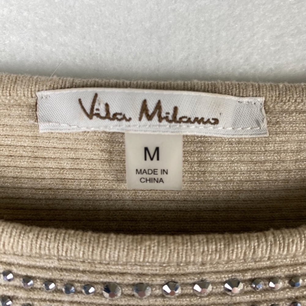 ๐บ 3/$25 ๐บ Vila Milano | Beige Rhinestone 3/4 Sleeve Ribbed Sweater | Womens Sz M - Picture 8 of 9